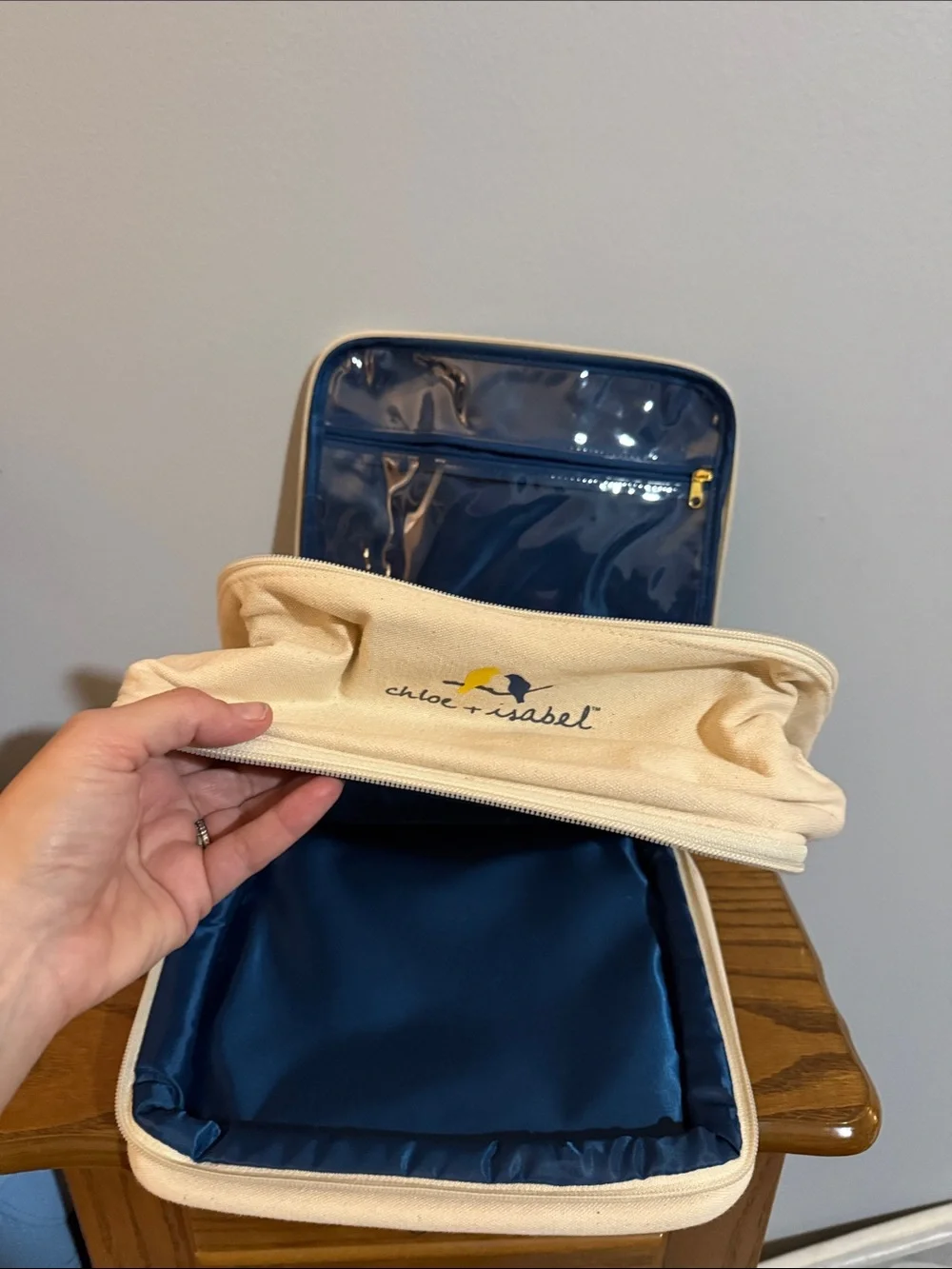 Chloe + Isabel Cream Canvas Cosmetic Pouch with Yellow & Navy Bird Logo